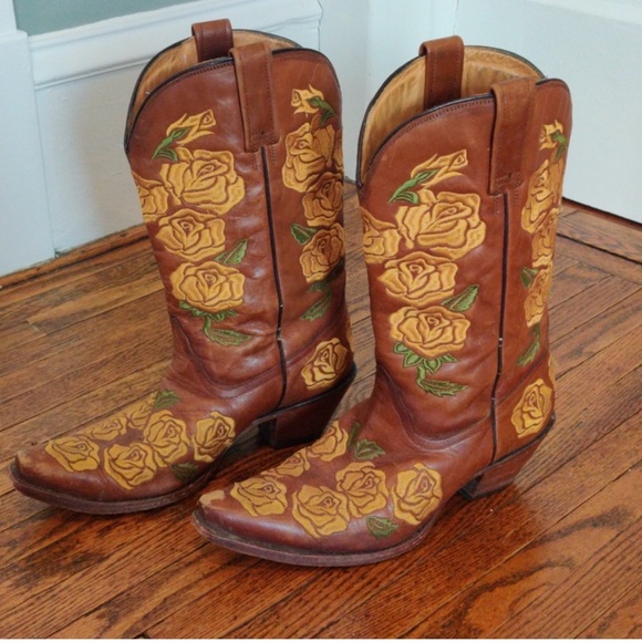 Corral Brown Leather Western Boots with Yellow Rose Embroidery - Picture 2 of 6